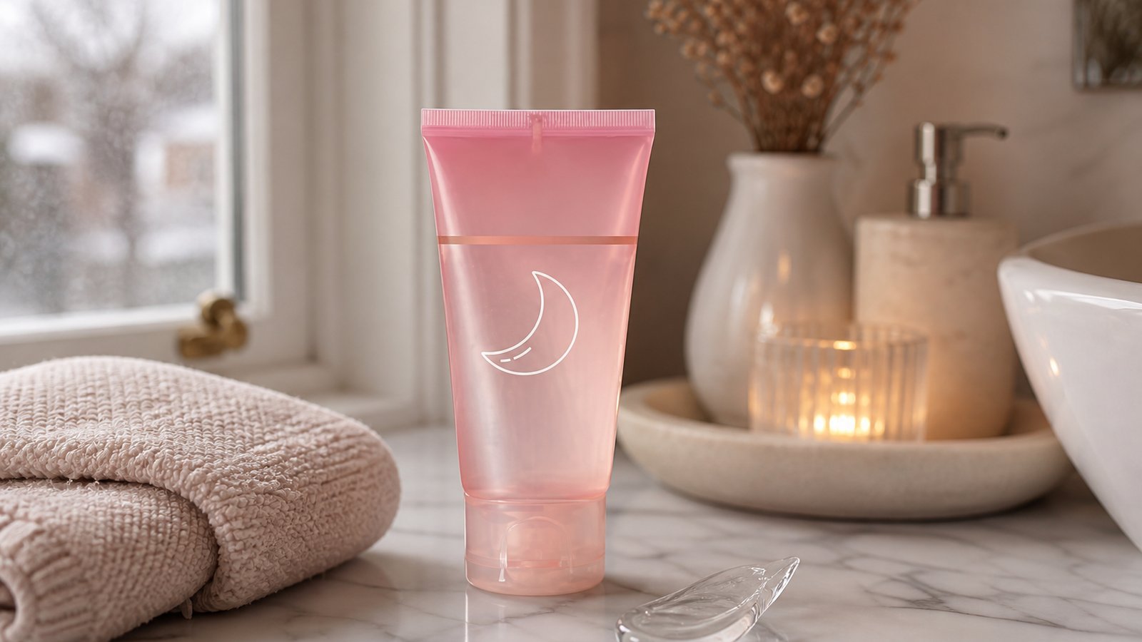 Pink overnight collagen wrapping mask tube on a UK vanity