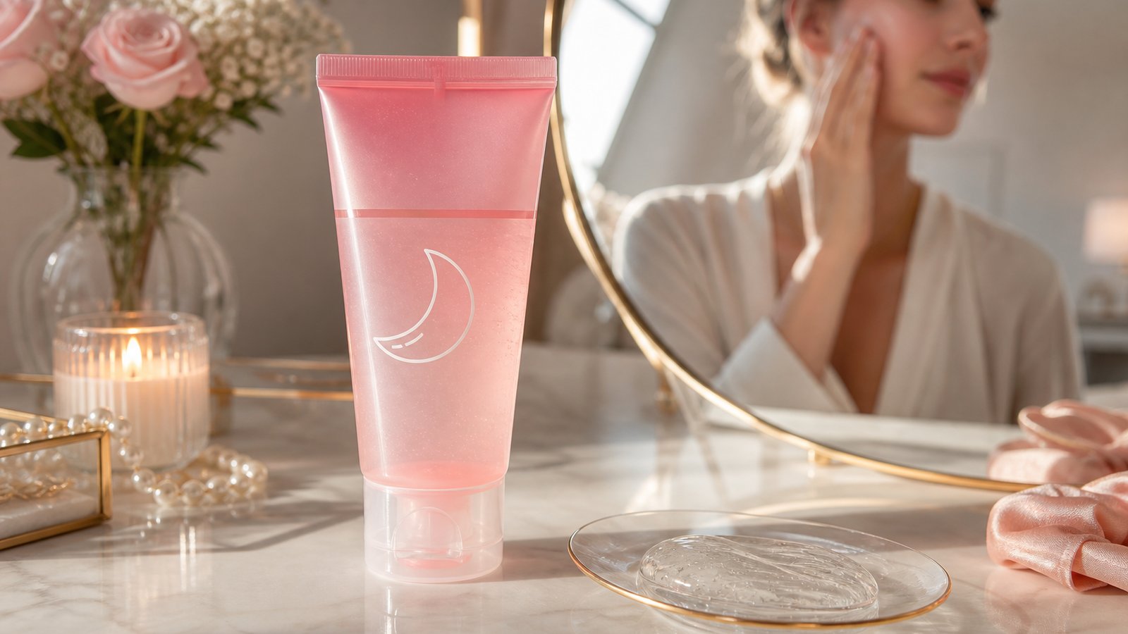 Pink overnight collagen wrapping mask tube on a UK vanity