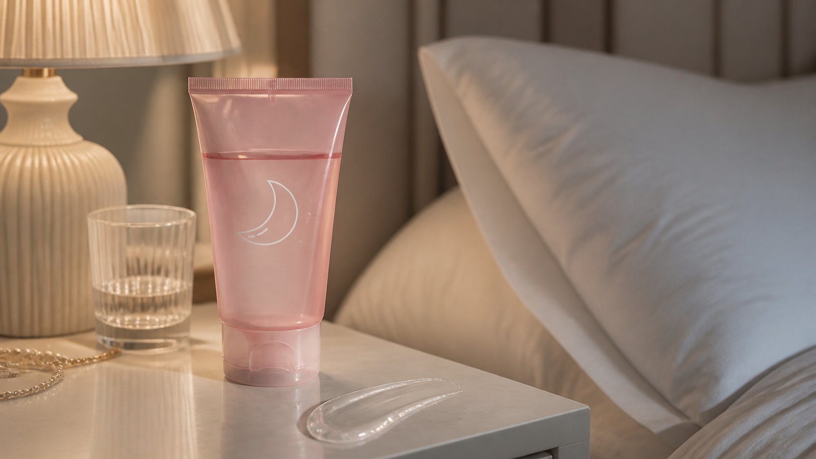 Pink overnight collagen wrapping mask tube on a UK vanity